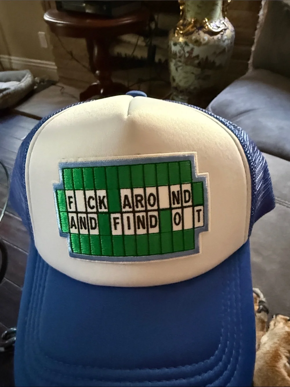 Blue and White Trucker Hat with Green Patch unisex SnapBack
